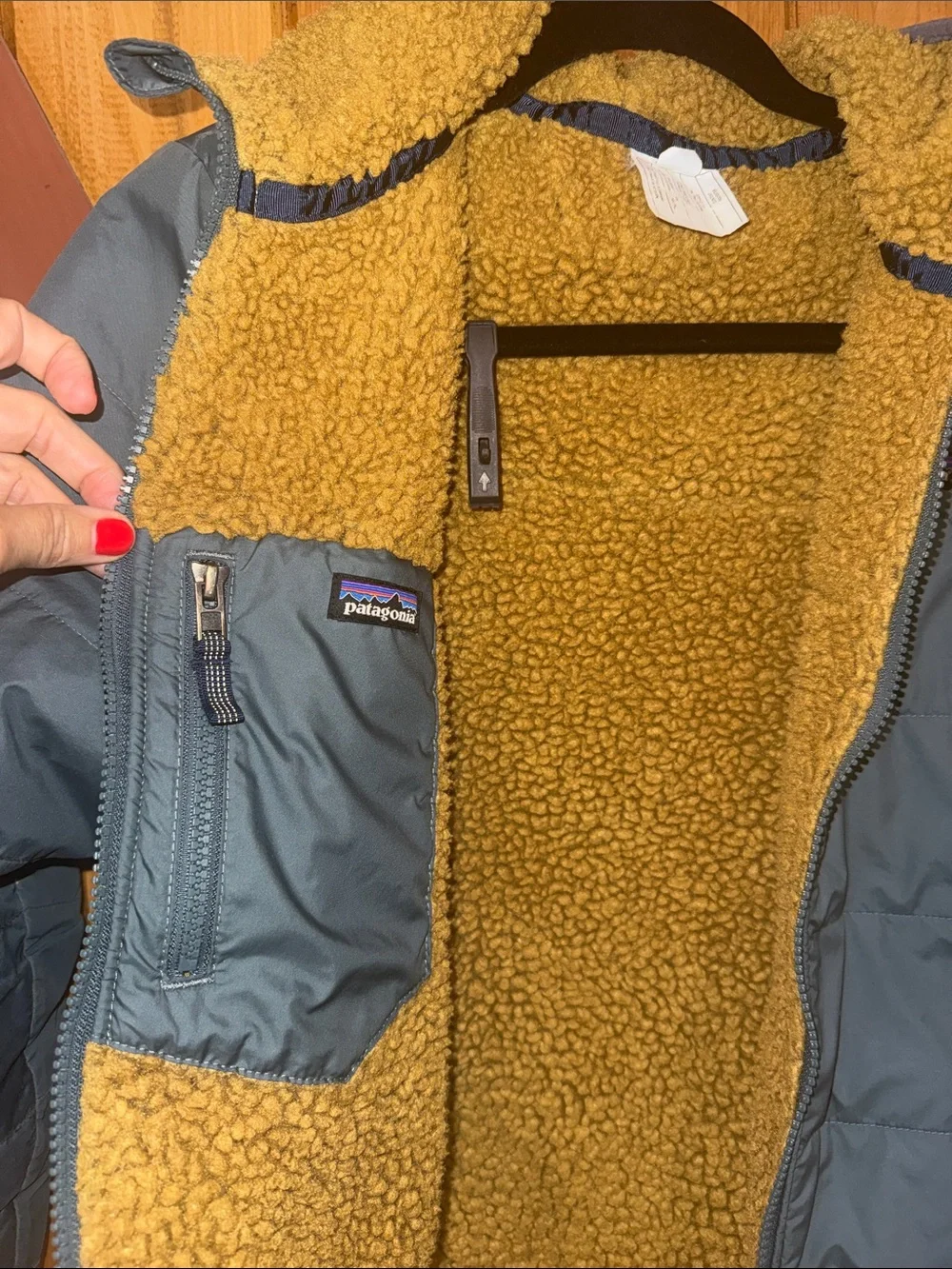 Patagonia Kids Quilted Puffer Jacket in Slate Blue with Mustard Lining